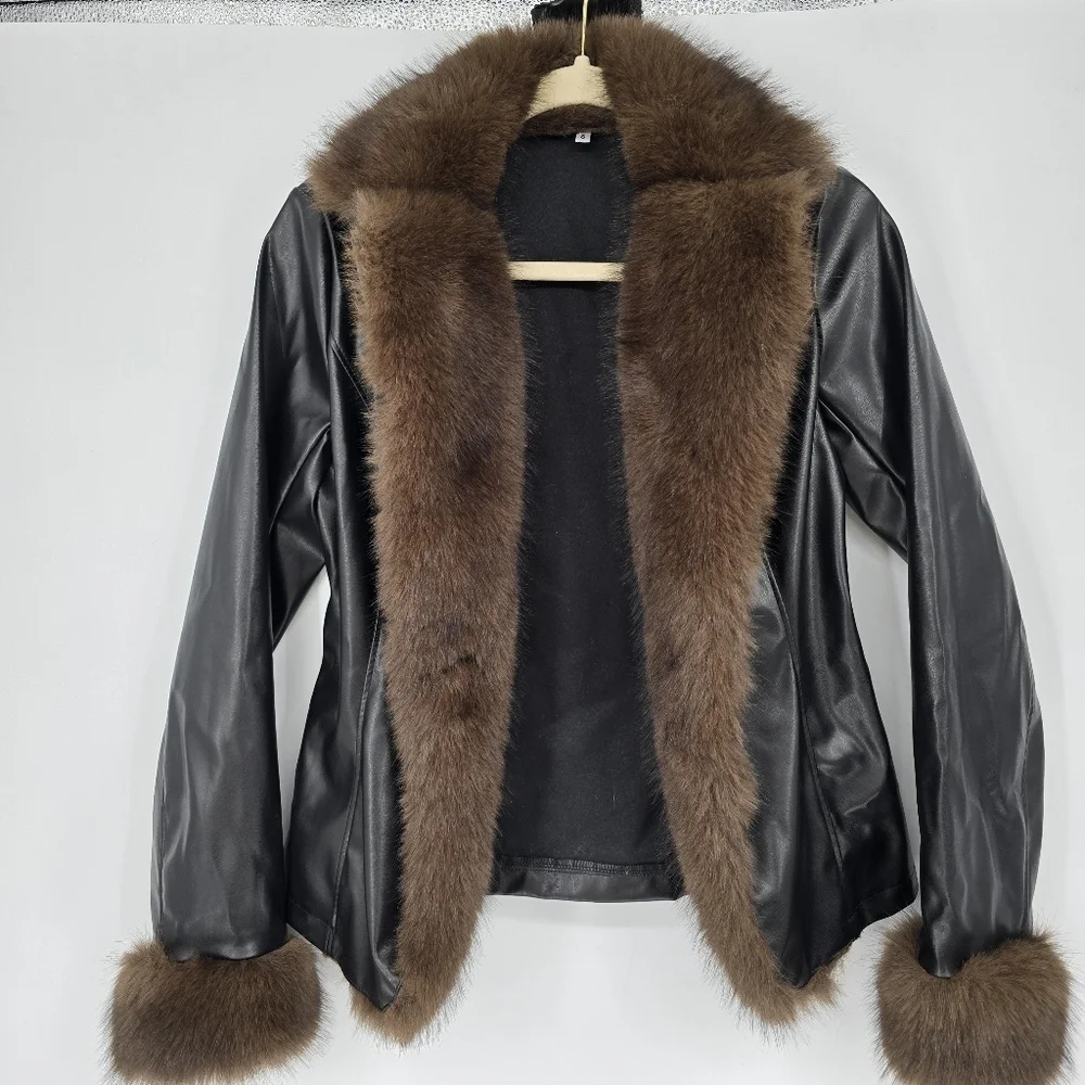 Chic Mood Brown Fur Cardigan faux leather jacket black brown small - Picture 2 of 9